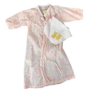 NWT Okunishi Japanese Baby Kimono Dress Gown Bib Set Pink Bunny 6 -15 lbs